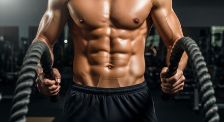 Fototapeta premium Muscular torso holds thick ropes in a gym setting Defined abs arms and workout gear are visible
