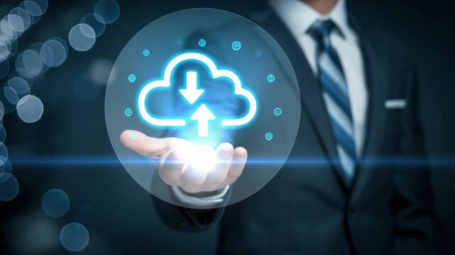Modern businessman presenting innovative cloud computing solution with glowing digital icon in hand offering scalable tech and data storage services