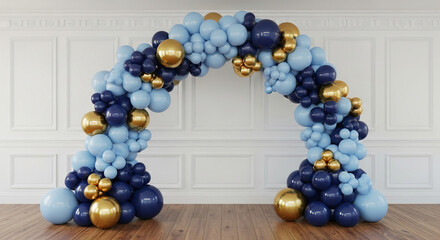 A balloon archway with light blue dark blue and gold balloons in front of a white wall paneling