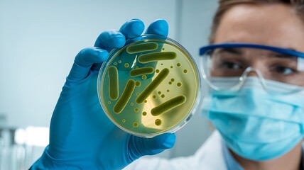 Gloved Hand Holding Petri Dish with Bacterial Cultures