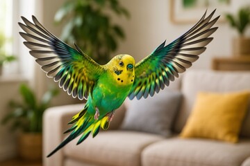 A vibrant parakeet flying across a living room, wings fully open, feathers shimmering with colorful patterns in natural daylight