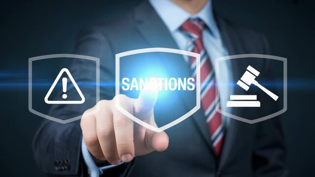 Dynamic video of businessman activating sanctions with digital interface on screen, showcasing regulatory compliance and legal enforcement in the digital age