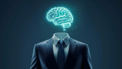 Headless figure in formal suit with glowing digital brain floating above neck—symbolizing artificial intelligence, cognitive computing, and the fusion of human and machine intelligence.