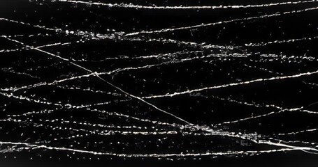 Animation imitates retro film damage with white scratches and dust particles over a black background.