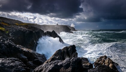 a dramatic coastal scene with dark clouds and tumultuous waves crashing against rocky cliffs