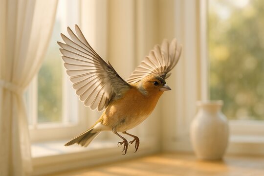 A tiny finch in flight near a bright kitchen window, wings flapping with energy