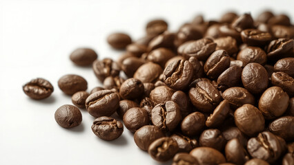 Hyperrealistic Close-Up of Freshly Roasted Brown Coffee Beans Scattered on a Clean White Background, Emphasizing Texture and Quality for Beverage and Culinary Designs