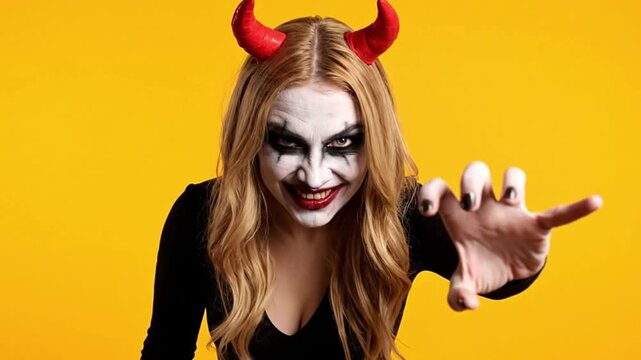 Woman in devil costume with white face paint and red horns against a yellow backdrop
