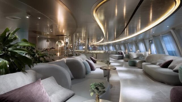 Sophisticated communal space on a modern cruise liner designed with adaptable seating and harmoniously integrated lighting. The luminous atmosphere evokes a sense of tranquility making