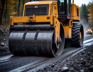 Road roller compresses fresh asphalt on highway shoulder, side view.