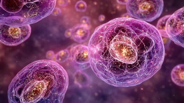 Graphic animation depicting oxygen concentration decline in tissue cells with mitochondria losing vibrancy and glowing dusky purple.