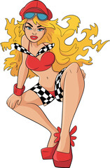 Cartoon crouching character, red crop top, yellow hair, checkered shorts, blue sunglasses, red heels, vibrant fashion style, summer outfit, digital illustration, trendy design