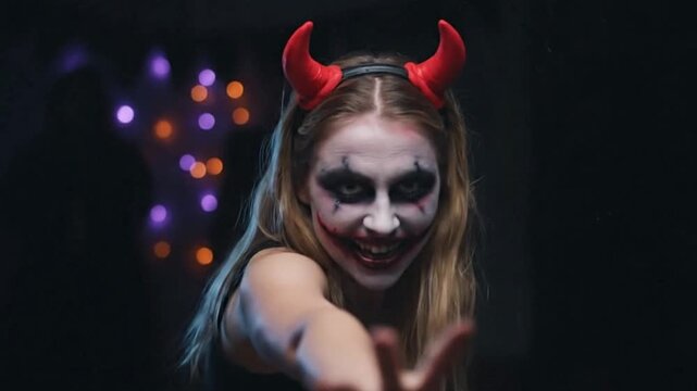 Woman with devil horns makeup and reaching hand in front of bokeh lights