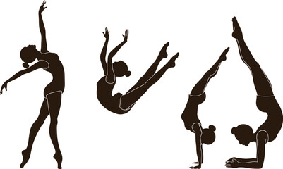 Gymnast dance silhouette set, standing pose, mid-air jump, handstand position, graceful movement illustration, athletic figure outline, elegant motion, physical performance art drawing
