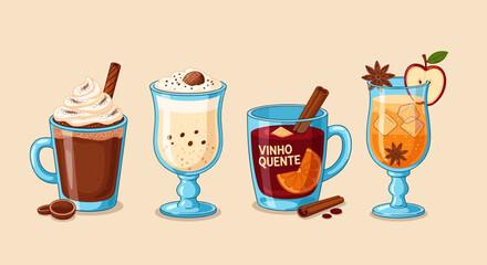 Illustration of four different festive drinks with various toppings and garnishes displayed together