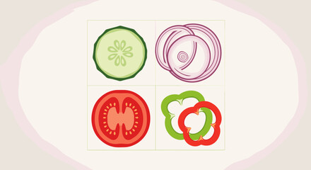 Illustration showing slices of cucumber onion tomato and bell pepper arranged in a square pattern format