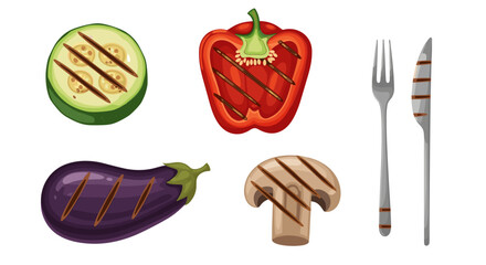 Illustration of grilled vegetables including zucchini pepper eggplant mushroom with fork and knife