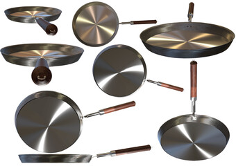 A photorealistic frying pan with wooden handle as isolated vector objects from eight different angles created by 3D modeling anisotropic effects. 