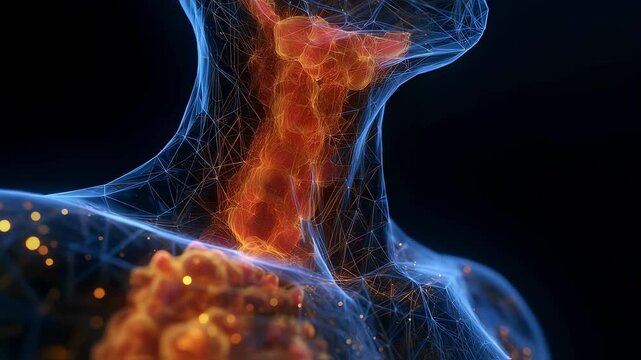 3D medical visualization of mumps virus causing parotid gland enlargement illuminated orange inflammation under skin.
