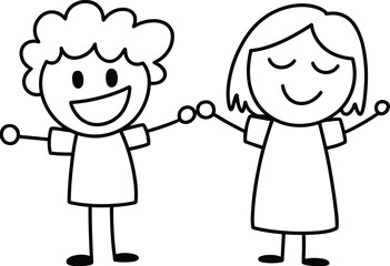 Stick Figures Holding Hands with Smiles, Friendship and Joy Concept, Curly and Long Hair Characters, Minimalist People Icons, Happy Connection Vector Design