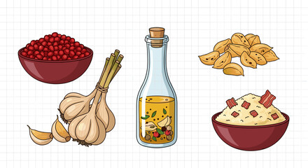 Illustration of a bowl of red berries, garlic, oil bottle, nuts, and rice with bacon pieces on a table