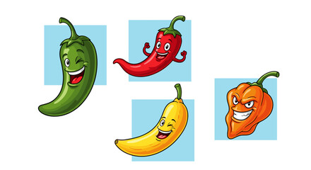Cartoon illustration of four anthropomorphic fruits and vegetables with expressive facial features