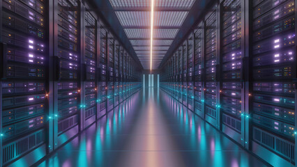 Experience the vibrant, futuristic heart of a high-tech data center, showcasing powerful servers and digital connectivity