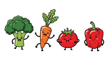Cartoon vegetables including broccoli carrot tomato and red pepper standing together smiling happily