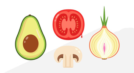Illustration of halved avocado, tomato slice, mushroom, and onion on a white background scene