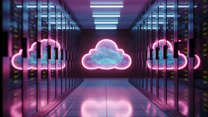 Futuristic data center with glowing neon cloud icon and network pattern, reflected on server racks—ideal for cloud computing, cybersecurity, and digital infrastructure themes.