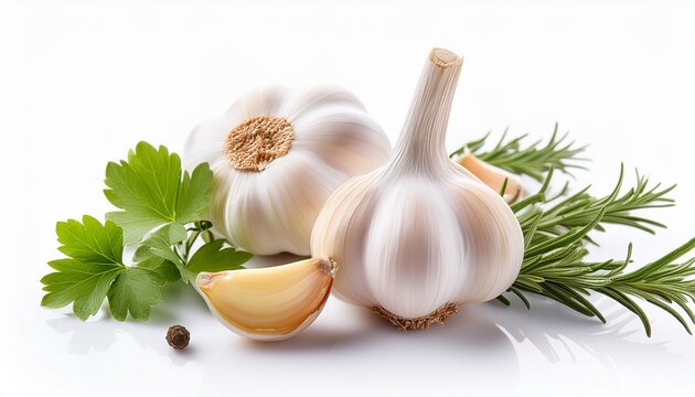garlic and herbs on a white background isolated close up