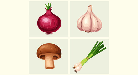 Illustration showcasing a red onion, garlic bulb, brown mushroom, and a bunch of green onions neatly arranged