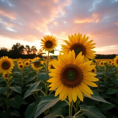 Obraz premium Vibrant Sunflower Field at Sunset