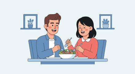 Illustration of a couple enjoying a salad together at a table with plants in the background decoratively