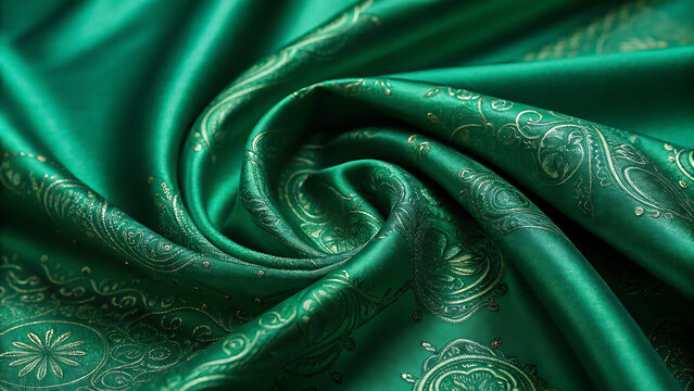 Elegant swirling green silk fabric with golden floral patterns for luxurious style - Powered by Adobe