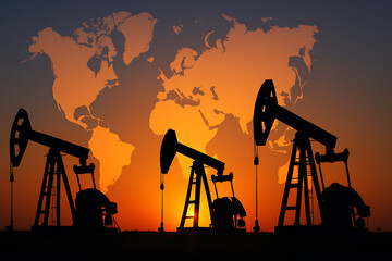 Oil pump jack silhouettes against dramatic sunset sky with glowing world map overlay, global energy production, crude petroleum industry, fossil fuel extraction, drilling technology, industrial power