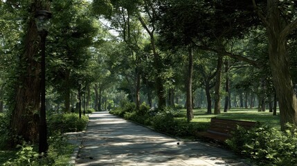 Obraz premium Sunlit Park Path, Trees, Bench