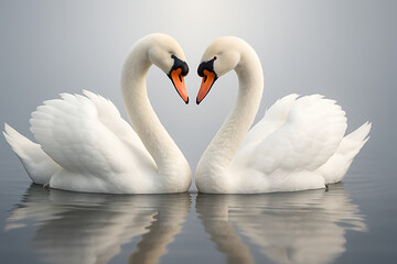 Fototapeta premium Two elegant white swans facing each other forming a heart shape reflection on calm water surface, romantic wildlife scene, love and harmony in nature, serene lake background, symbolic pair bonding con
