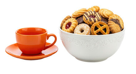 Isolated Bowl of Cookies and Orange Cup