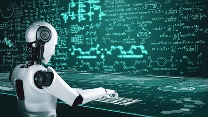 Robot hominoid use laptop and sit at table for engineering science studying using AI thinking brain , artificial intelligence and machine learning process for 4th industrial revolution . 3D rendering - Powered by Adobe