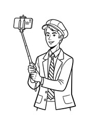 Illustration of a young man taking a selfie with a smartphone on a selfie stick for personal expression, monochrome black and white, copy space