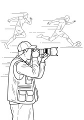 Fototapeta premium Illustration of a sports photographer capturing a soccer player in action during a game, monochrome black and white, copy space