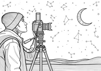 Illustration of a photographer observing the moon and constellations with a camera on a tripod in a night sky setting, monochrome black and white, copy space