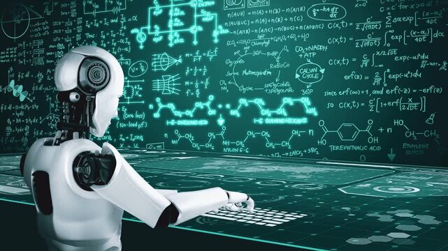 Robot hominoid use laptop and sit at table for engineering science studying using AI thinking brain , artificial intelligence and machine learning process for 4th industrial revolution . 3D rendering - Powered by Adobe