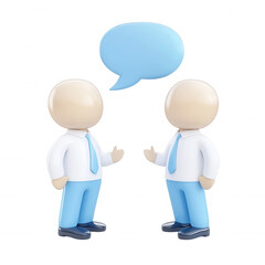 Two 3d icon user businessmen are having a conversation, represented by a large blue between bubble speech them, on a transparent background