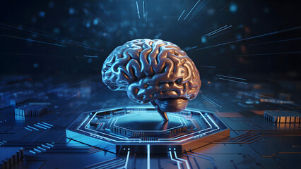 Artificial brain on futuristic microchip platform with glowing blue lights—perfect for AI, machine learning, neural networks, and advanced digital technology concepts.