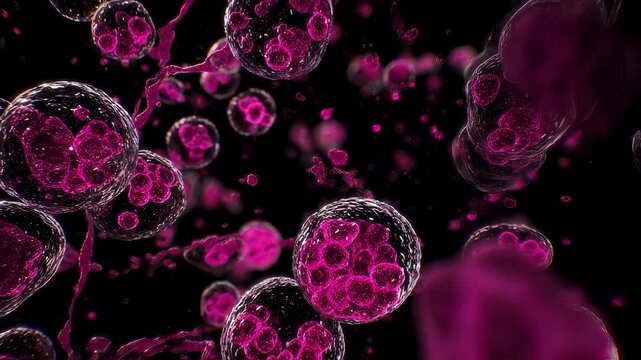 Timelapse footage showing hot pink lysosomal vesicles merging and degrading waste materials under highresolution imaging.