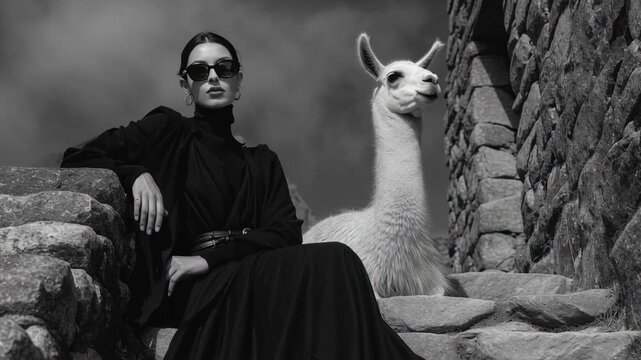 Black-and-white cinematic fashion scene of a stylish woman posing beside a llama at the ruins of Machu Picchu, perfect for documentaries, travel intros, 4K, motion.