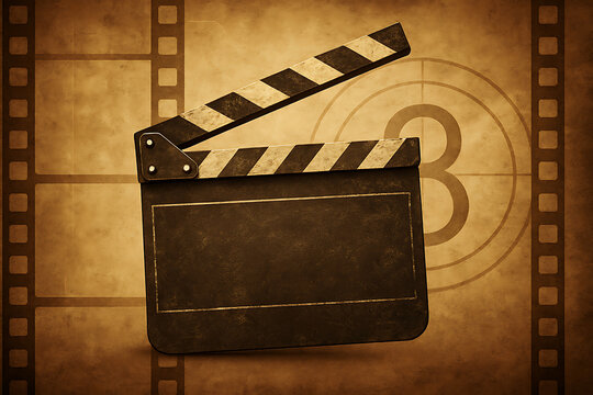 Vintage movie clapperboard on aged cinematic background, classic film production equipment with retro sepia tone, old fashioned cinema industry concept, filmmaking symbol for directing, shooting and e