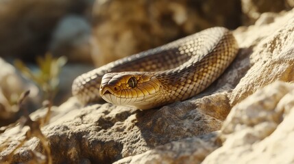 Obraz premium A close-up of an ajgar snake basking in sunlight on a rocky surface during festive season